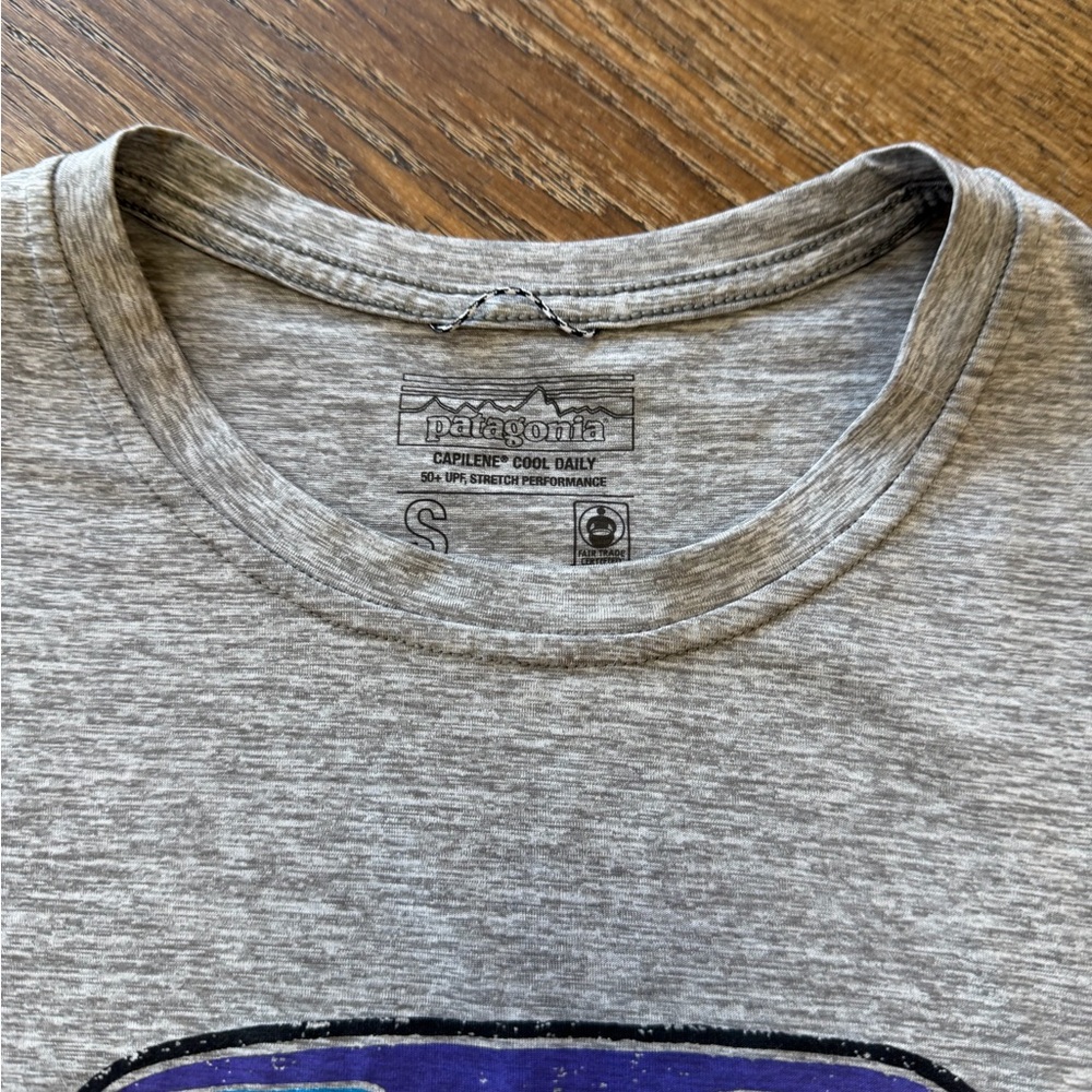 Patagonia Gray Long Sleeve Tee with Blue Graphic - Capilene Cool Daily - Picture 3 of 3